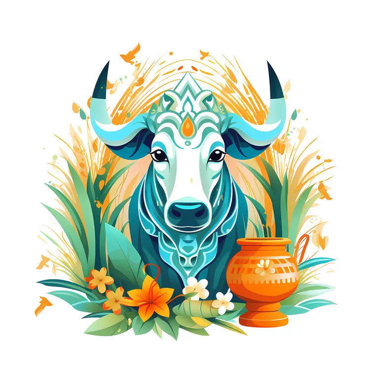 Decorated Cow with Pot and Flowers