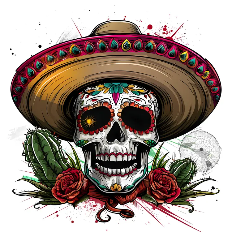 Colorful Sugar Skull with Sombrero and Cactus