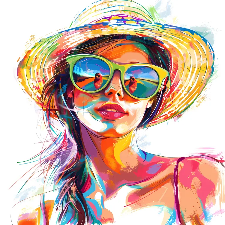 Colorful Woman with Hat and Sunglasses