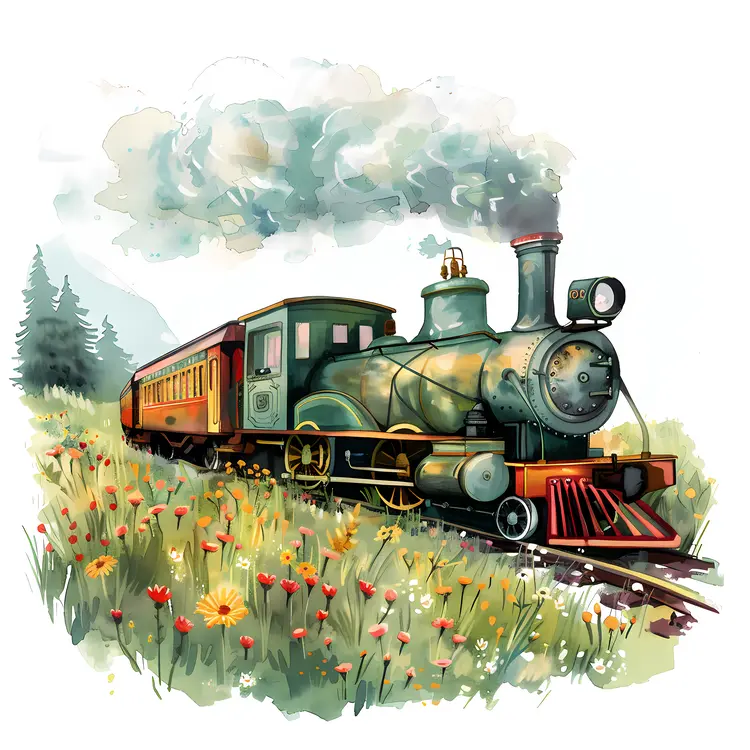 Vintage Green Steam Train with Flowers