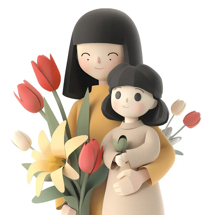 Mother and Child with Flowers on Mother's Day