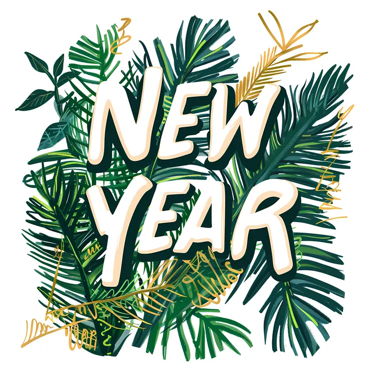 New Year Text with Leaves and Festive Elements