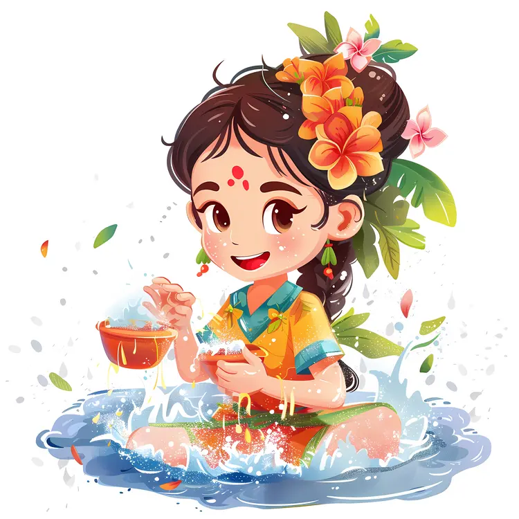 Girl Playing with Water and Flowers