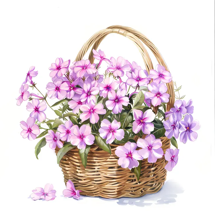 Delicate Pink and Lavender Flowers in Woven Basket