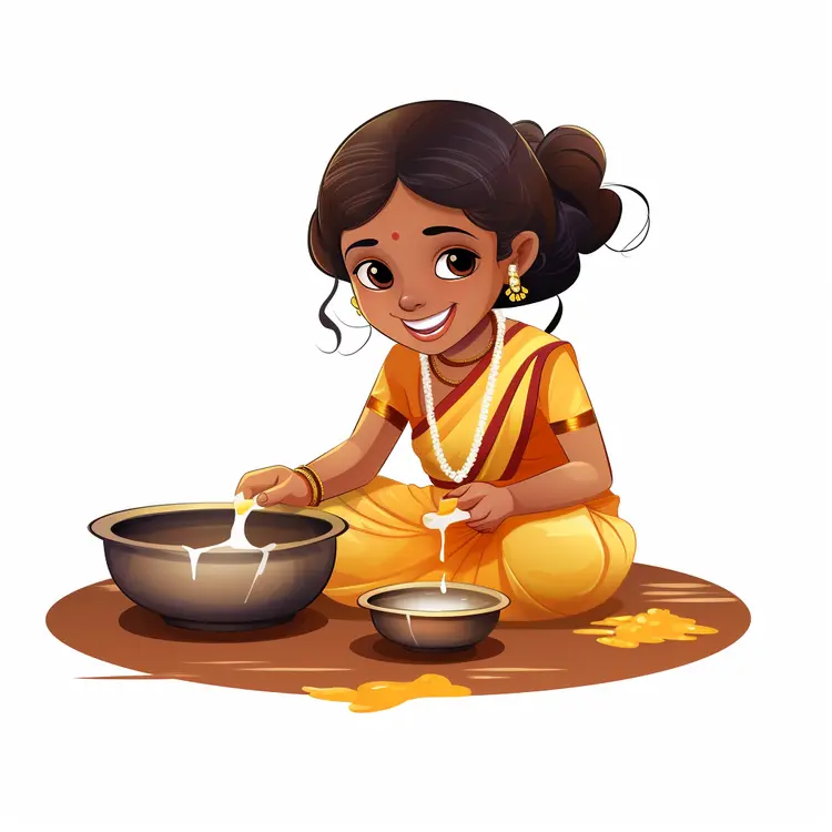 Smiling Girl Cooking with Pots