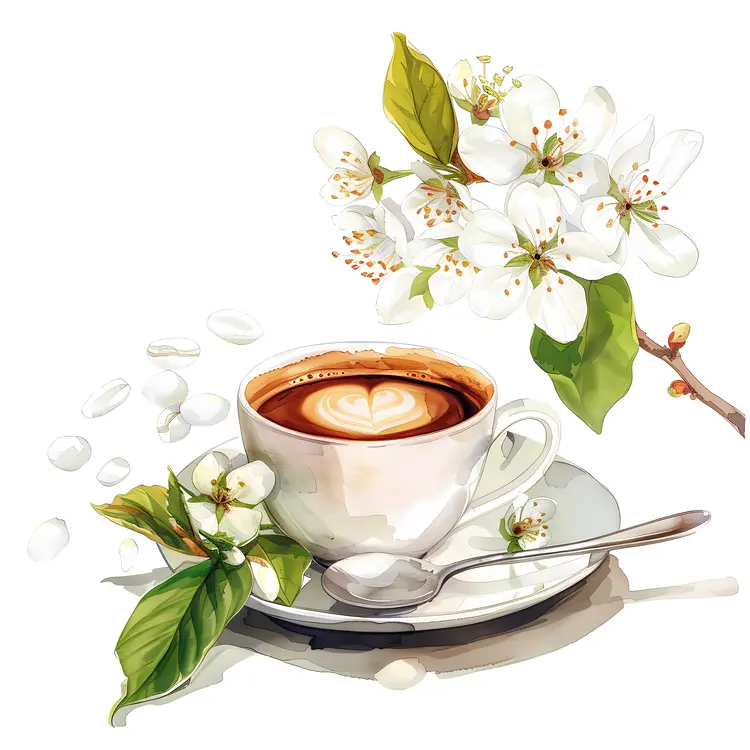 Beautiful coffee cup with latte art and white blossoms