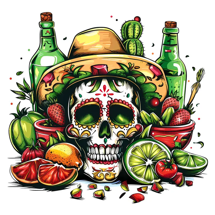 Decorated Skull with Sombrero and Fruits