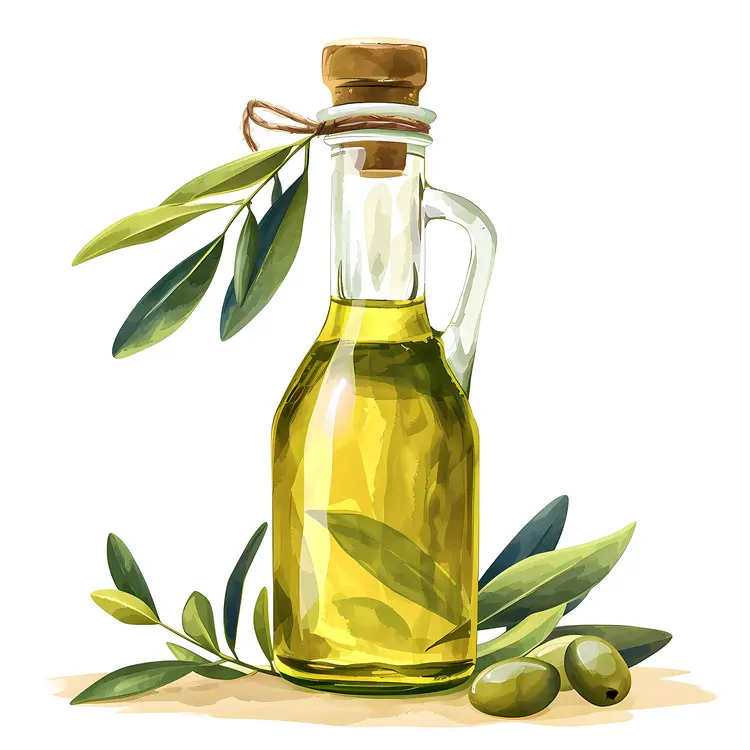 Olive Oil Bottle with Green Olives and Leaves
