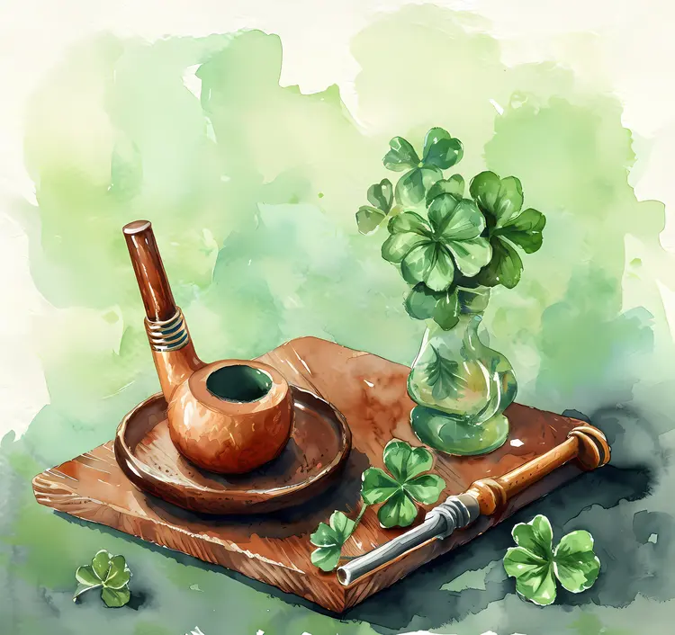 Pipe and Clovers on a Wooden Table