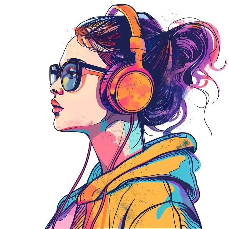 Girl with Yellow Headphones in Casual Attire