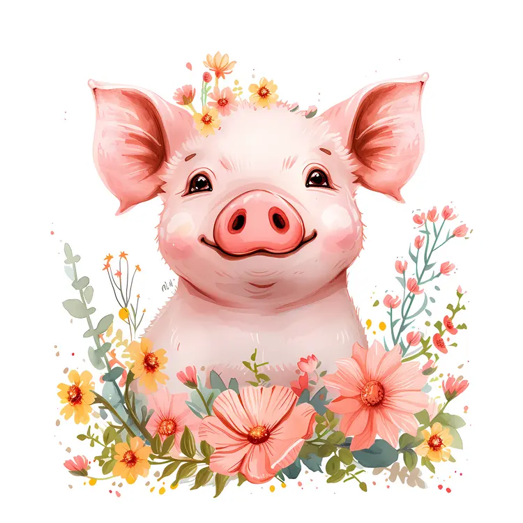 Smiling Pig with Floral Surroundings