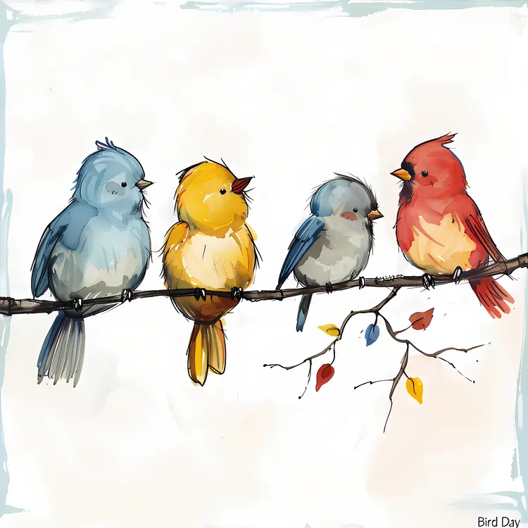 Colorful Birds on a Branch Illustration for Bird Day