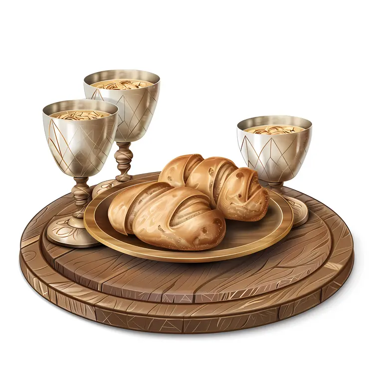 Communion Bread and Chalice on Wooden Board