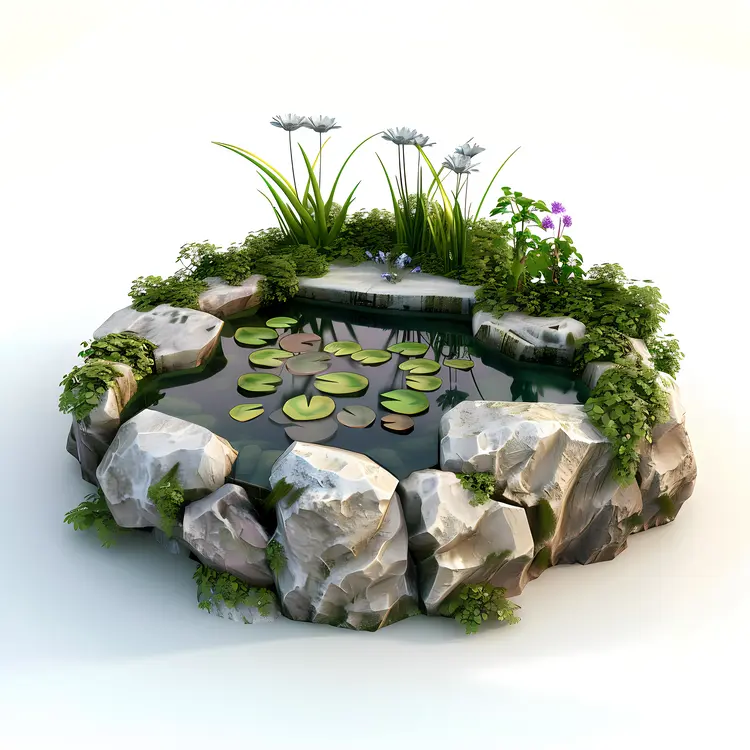 Small Pond with Lilies and Rocks