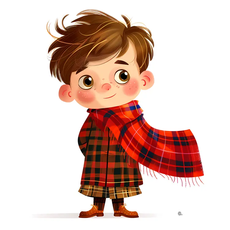 Adorable Boy Character with Red Scarf and Coat