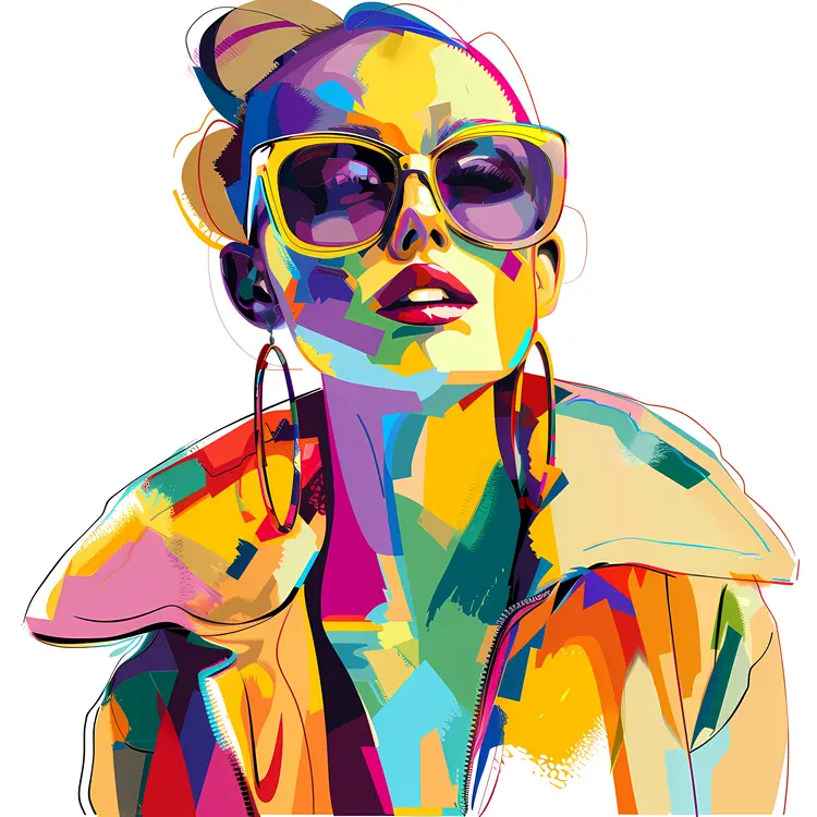 Artistic Woman in Colorful Abstract Outfit with Sunglasses