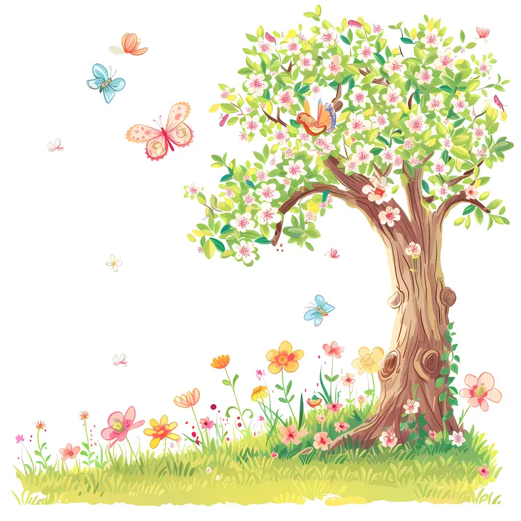 Spring Tree with Blossoms and Butterflies