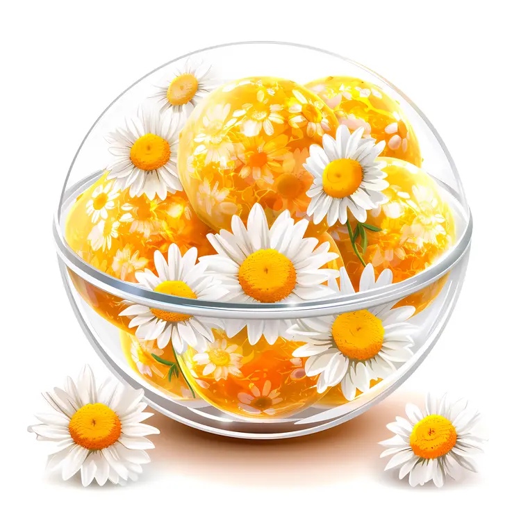Yellow Balls with Daisies in Glass Bowl