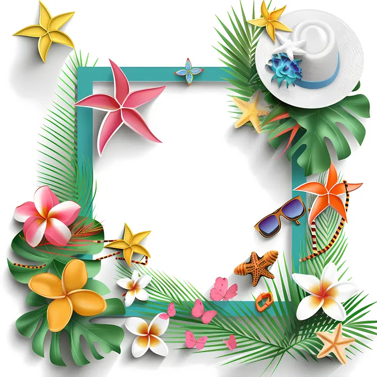 Tropical Summer Frame with Flowers and Hat