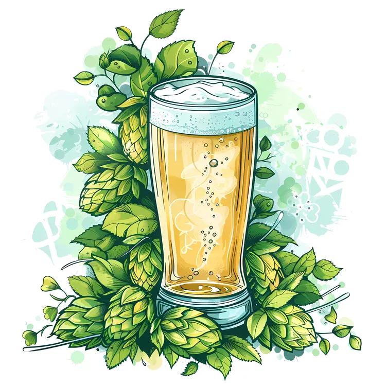 Beer Glass with Hops and Leaves