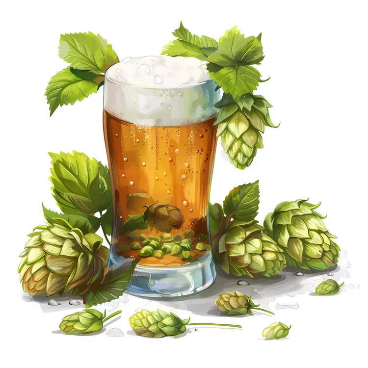 Beer Glass with Hops and Foam