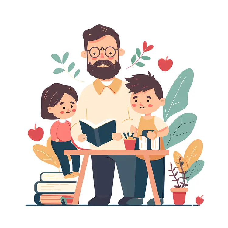 Father Reading with Two Children Illustration