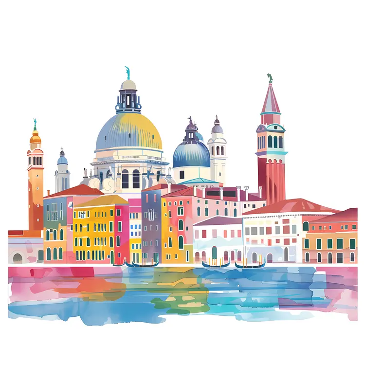 Colorful Buildings and Domes with Water Reflection in Venice