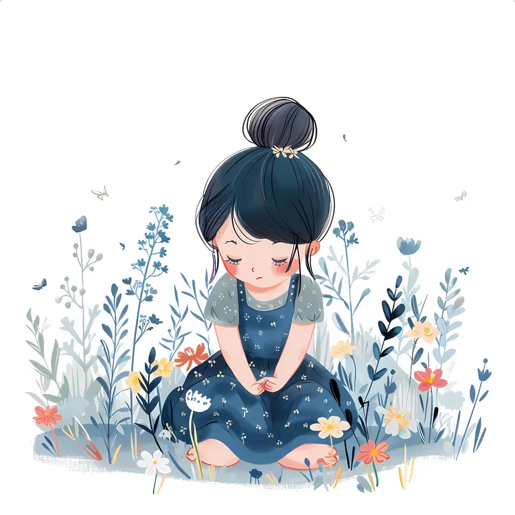 Girl Sitting in a Flower Garden