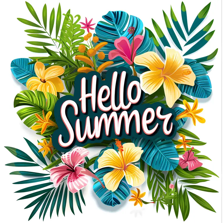Hello Summer with Tropical Flowers and Leaves