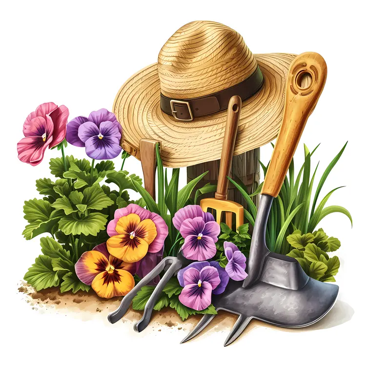 Gardening Tools and Flowers with Straw Hat