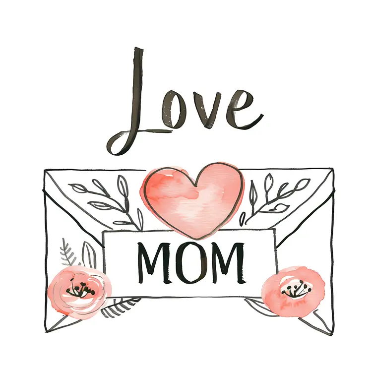 Love Mom with Heart and Flowers