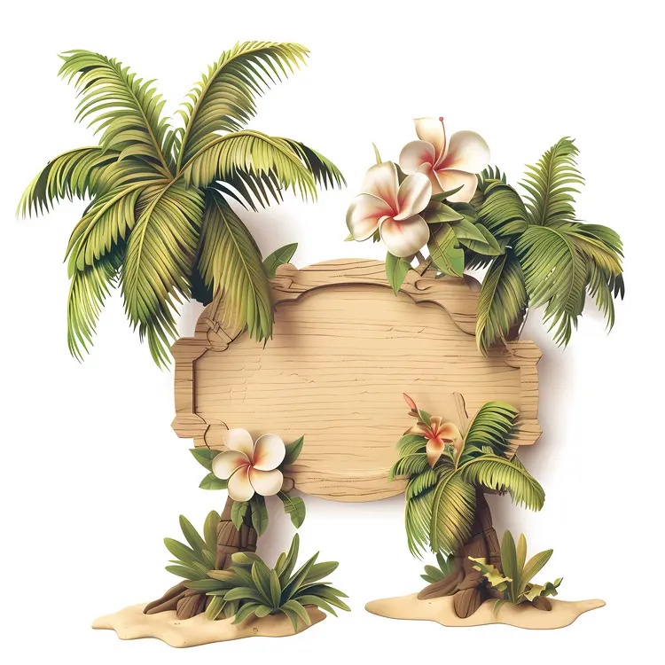 Tropical Wooden Sign with Palm Trees and Flowers