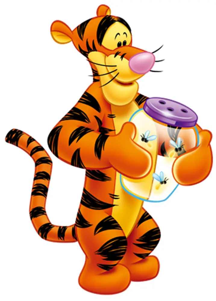 Orange Tiger Cartoon Character Holding a Jar of Fireflies