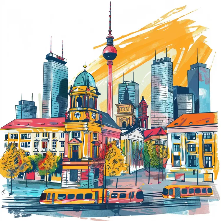 Colorful Cityscape with Skyscrapers and Trams
