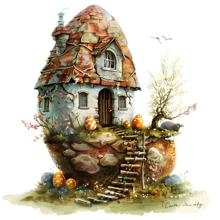 Stone Fantasy House with Eggs and Stairs