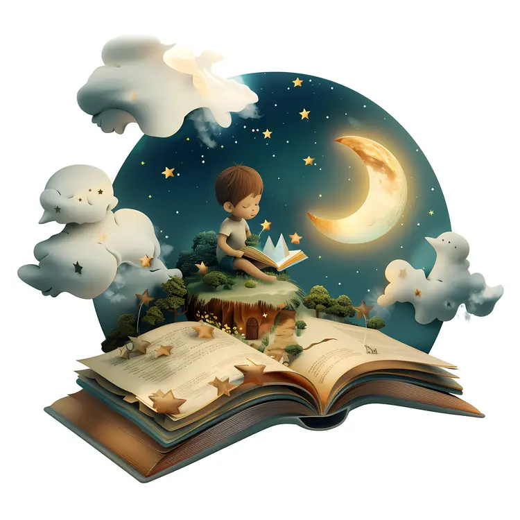 Boy Reading Under the Moon