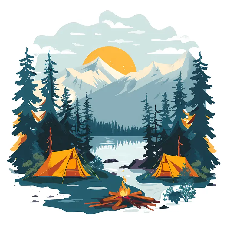 Sunset Camping Scene with Tents and Campfire