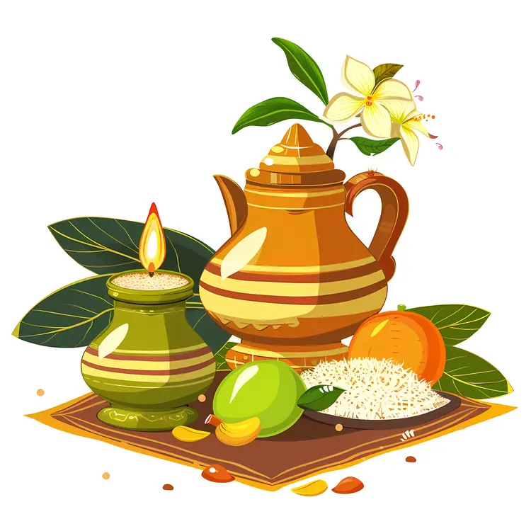 Traditional Ugadi Items with Lamp and Pot