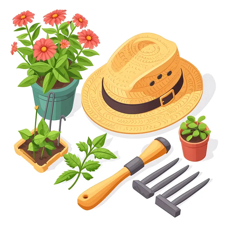 Gardening Tools and Hat with Potted Flowers