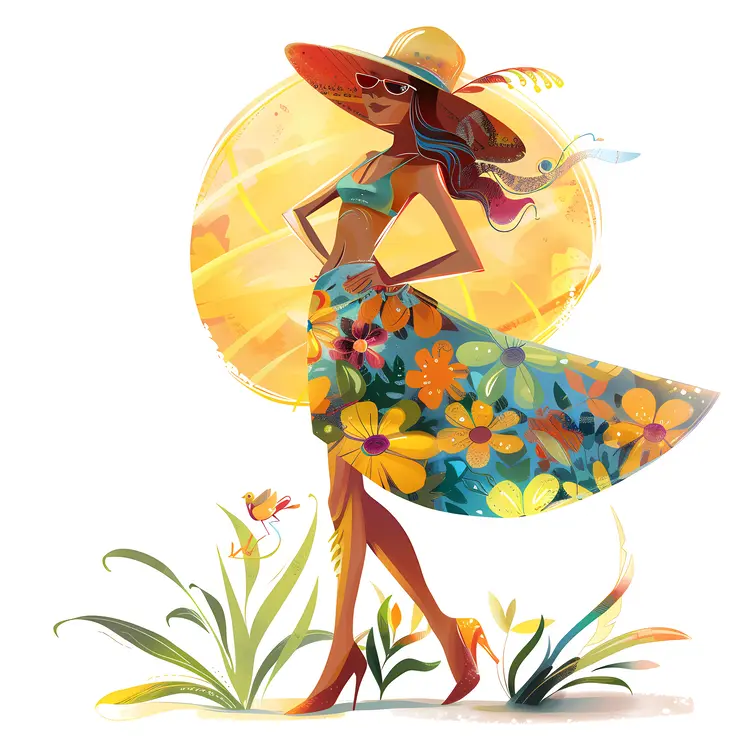 Stylish Woman in Floral Dress and Sun Hat