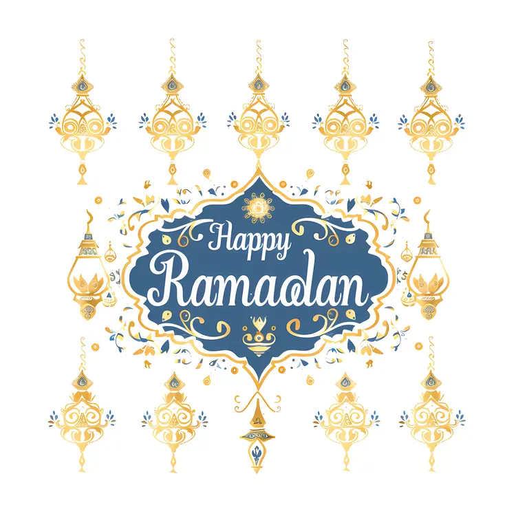 Happy Ramadan Text with Decorative Lanterns