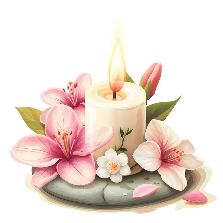 White Candle with Flowers and Leaves