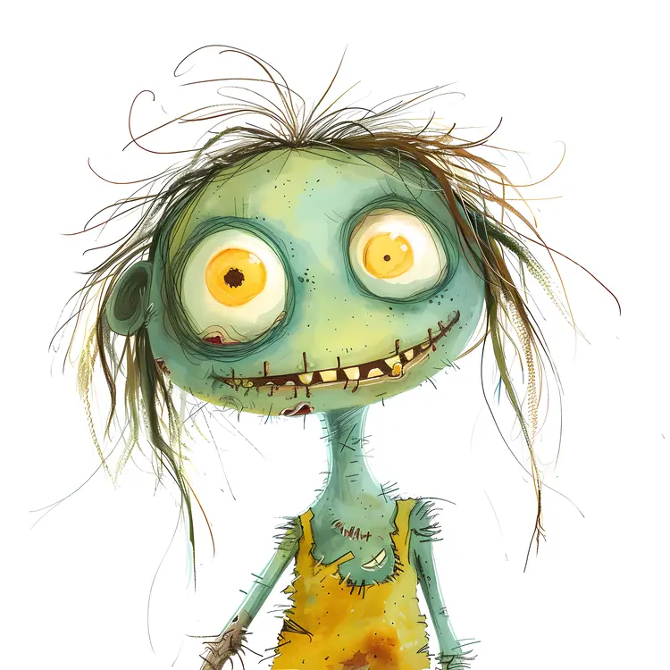 Green Cartoon Zombie Girl with Messy Hair