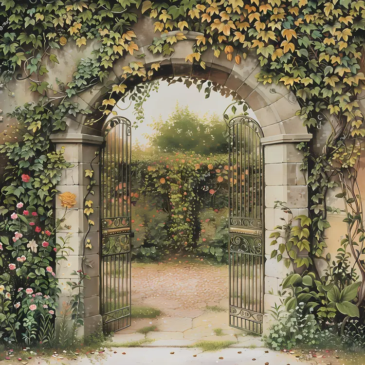 Stone Arch Gate with Ivy and Flowers