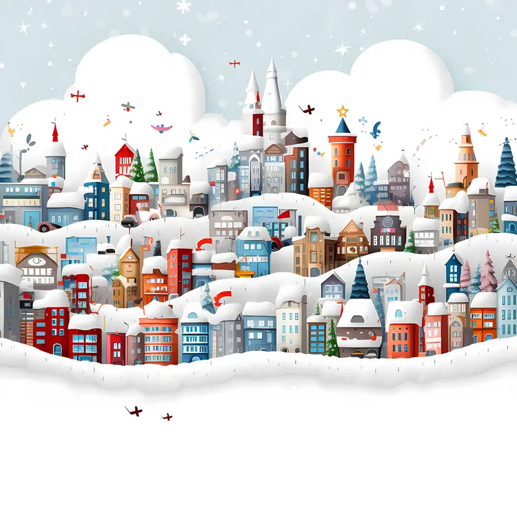 Snowy Cityscape with Colorful Buildings