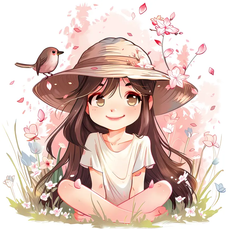 Cute Girl with Hat and Bird