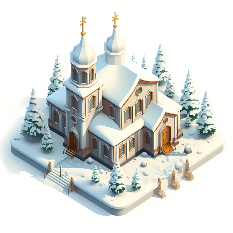Snowy Church with Twin Domes