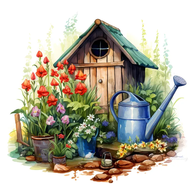 Watering Can with Flowers and Small House