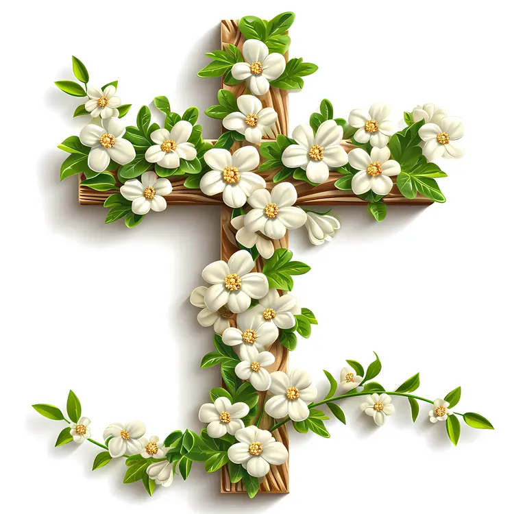 White Floral Cross with Green Leaves