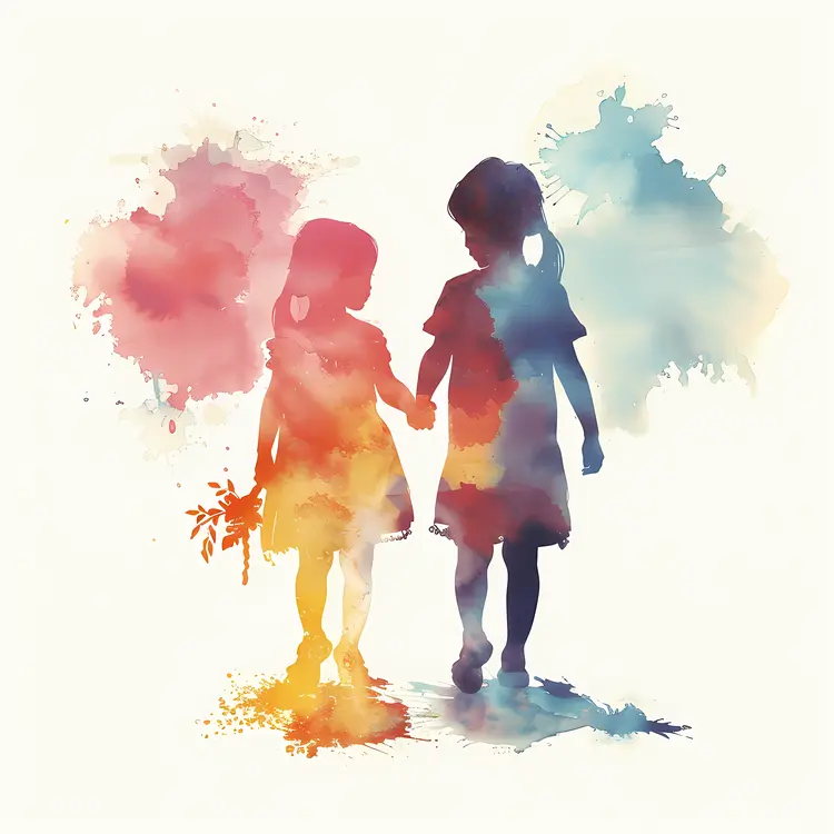 Watercolor Children Holding Hands Silhouettes